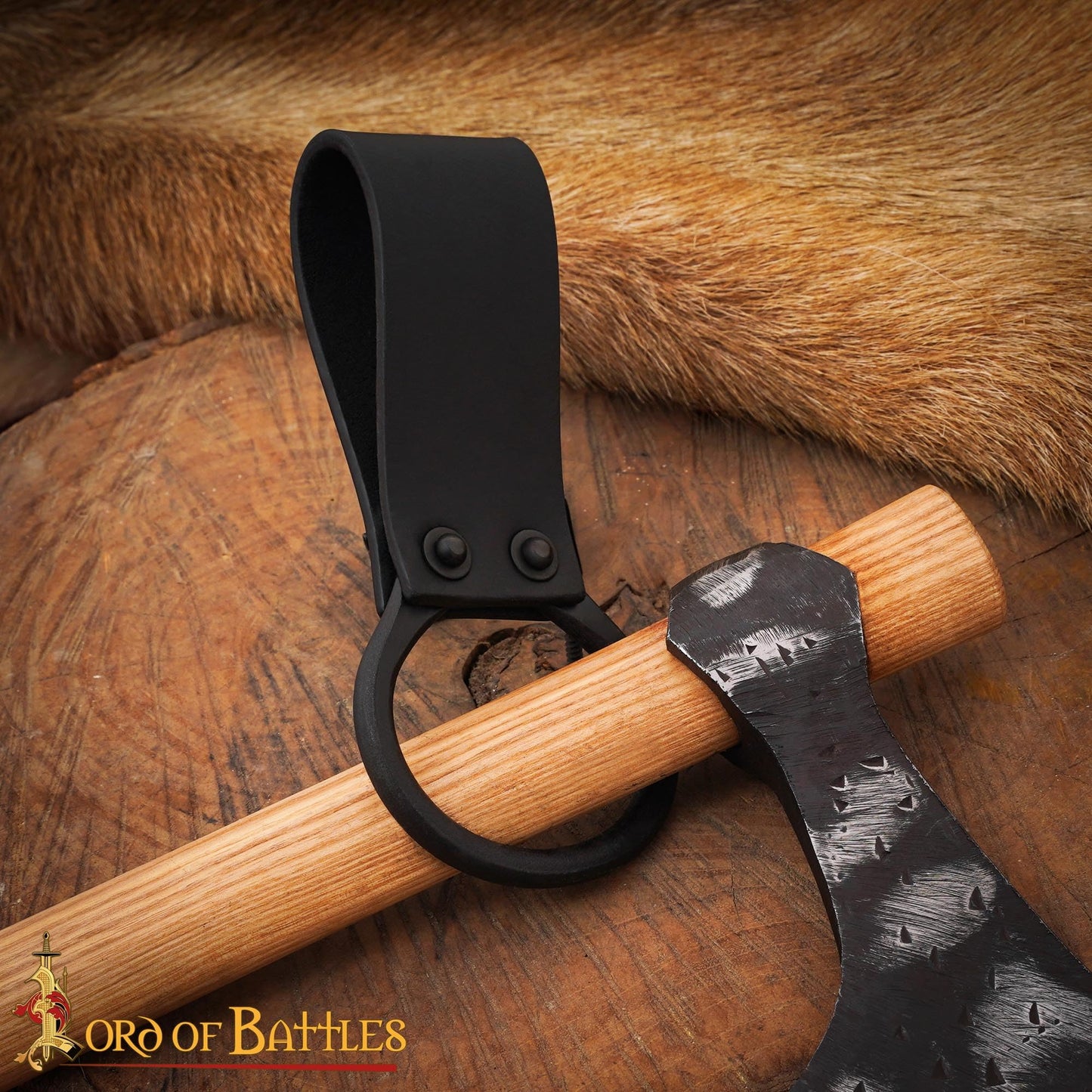 Lord of Battles Medieval Leather Axe Frog – Heavy Duty Belt Axe Holder with Steel O - Ring |6 Inch Genuine Leather Axe Holster for Viking, LARP, SCA & Reenactment Gear (Black)