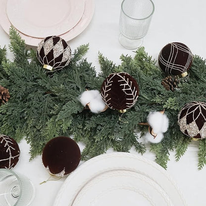 3.15INCH Brown Velvet Ornaments for Christmas Tree, 12PCS Glitter Flocked Christmas Ornaments Decorations Balls Set Decor
