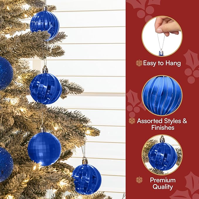 JOIEDOMI 24 Pcs Blue Christmas Balls Ornaments Set, 2.36" Shatterproof Xmas Tree Ornaments, Christmas Hanging Ornaments Decorations for Tree Wreath Garland Holiday Wedding Indoor Party Decor