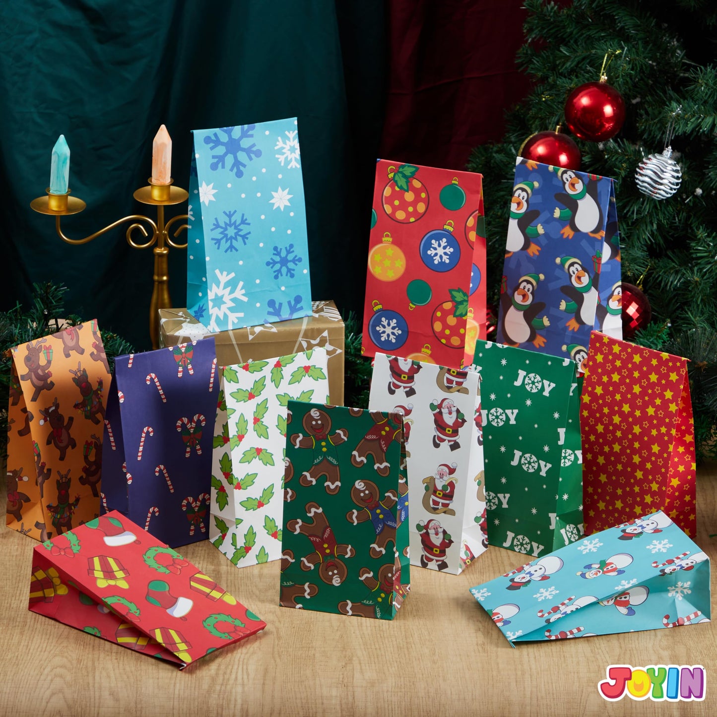 Joiedomi 72 PCS of Christmas Goody Kraft Bags, 12 Assorted Xmas Designs Small Holiday Goodie Gift Bags for Classrooms Party Favors, Christmas Craft Party Treat (9.75" x 3" x 5")