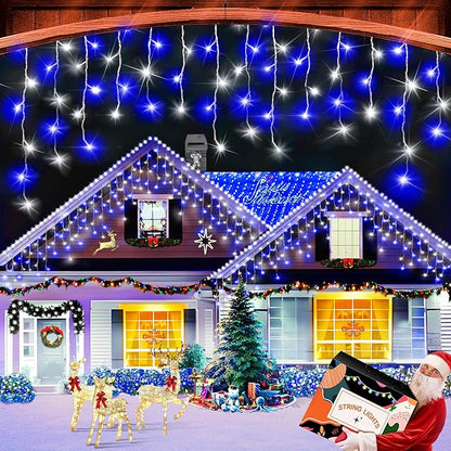 XURISEN 66ft Christmas Lights Decorations Outdoor, 640 LED 8 Modes Curtain Fairy Lights with 120 Drops,Plug in Waterproof Timer Memory Function for Christmas Holiday Wedding Party Decor(Blue+Cool)