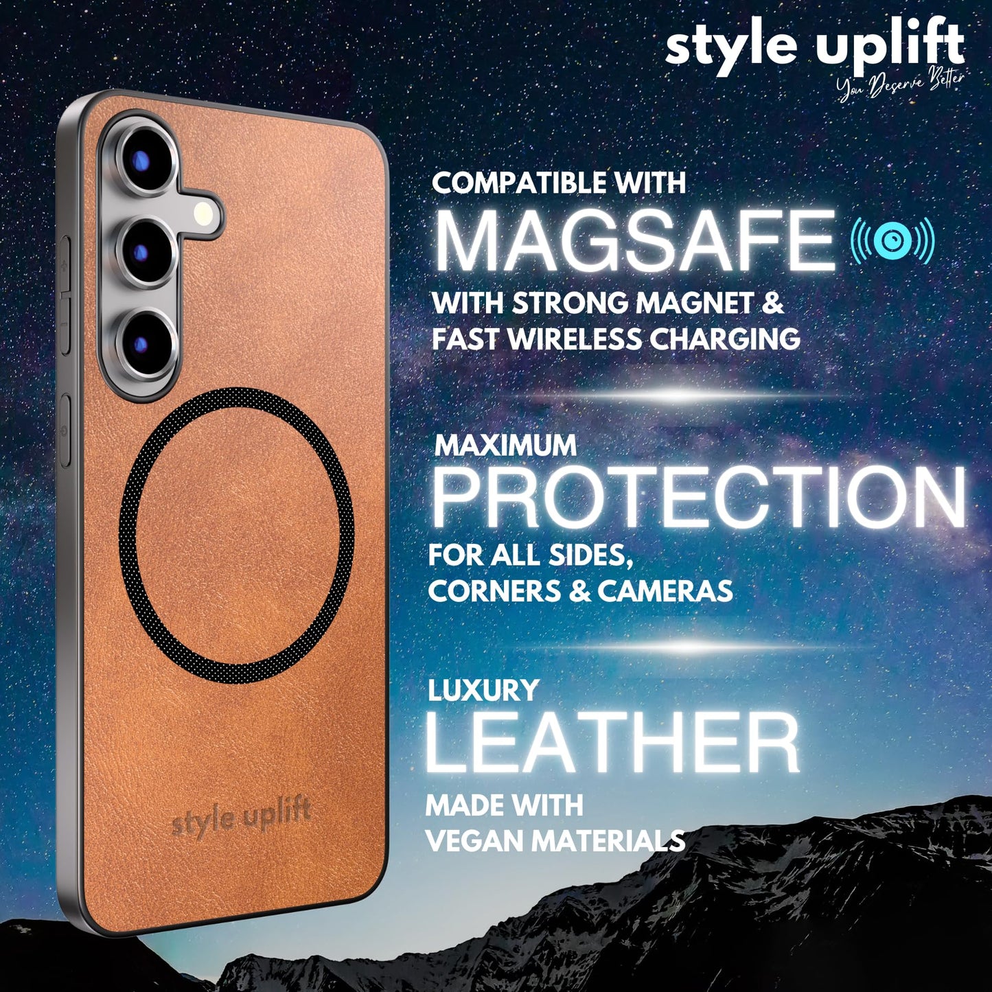 Style Uplift SU - Samsung S24 Magnetic Vegan Leather Case - SU.Shield Slim & Protective Design, Compatible with MagSafe, Wireless Charging - Tan Brown Case, Phone Case for Samsung S24 (6.2")