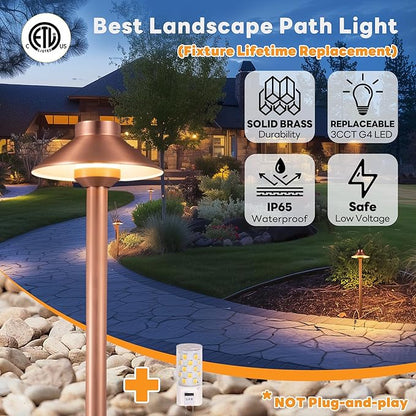 Gardenreet Low Voltage Landscape Path Light Solid Brass, 3 Color Temp Selectable LED Driveway Lights Waterproof, Hat Shaped 12V Wired Copper for Walkway Garden with 3W 270LM G4 Bulb (12 Pack)