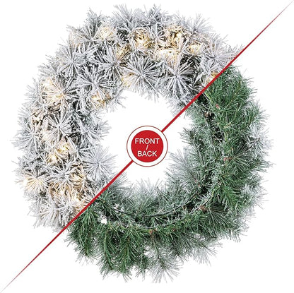 Glitzhome Pre-Lit Christmas Wreath with Lights for Front Door Wall Window Xmas Decor, Snow Flocked 24" D