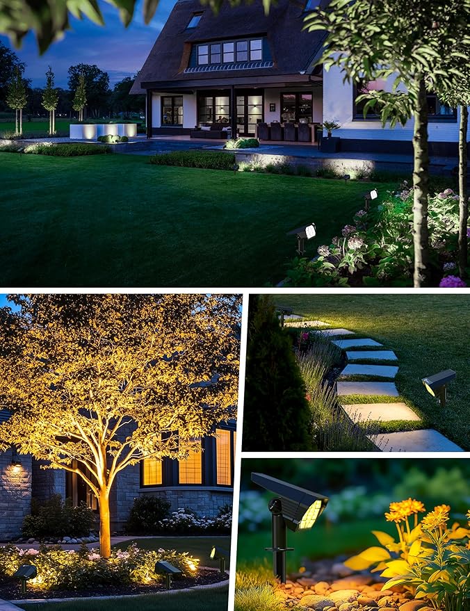 Brightown 6Pack Solar Spot Lights Outdoor [Cool & Warm Light 2-in-1], IP67 Solar Lights Outdoor Waterproof with 1800mAh, Two Mounting Methods Outdoor Solar Lights for Yard, Garden and Pathway