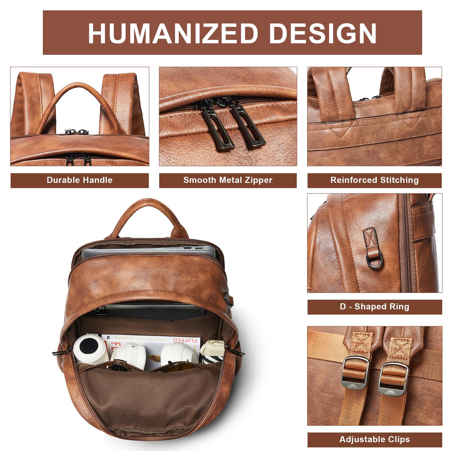 tiamyi Leather Backpack for Women Men, Fits 16.0 Inch Laptop, Soft Vegan Leather Backpack for Travel and Daily Use, Brown