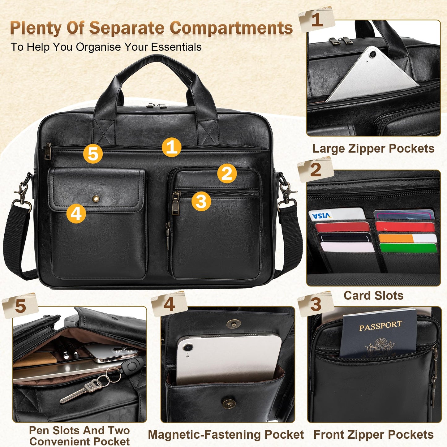 Yuni Sophy Briefcase for Men 15.6 Inch Laptop Messenger Bag Faux Leather Multi-Pocket Business Work Bag Waterproof Office Travel (Black)