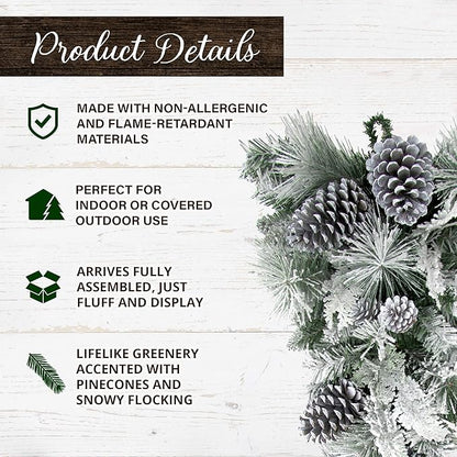 Fraser Hill Farm 30" Christmas Snow Flocked Teardrop Door Swag with Pinecones, FF030CHTD001-0SN