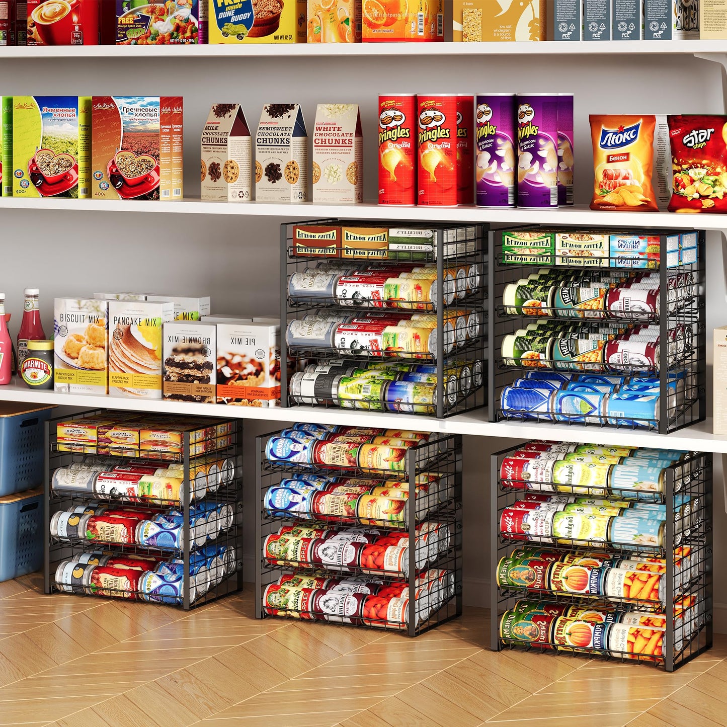 JKsmart 2-Tier Stackable Can Rack Organizer for Pantry, Adjustable Can Dispenser Holds Up to 62 Cans, Can Storage Holder for Various Ounces of Canned Food Soda Drinks, Black, 2 Pack (Petent Pending)