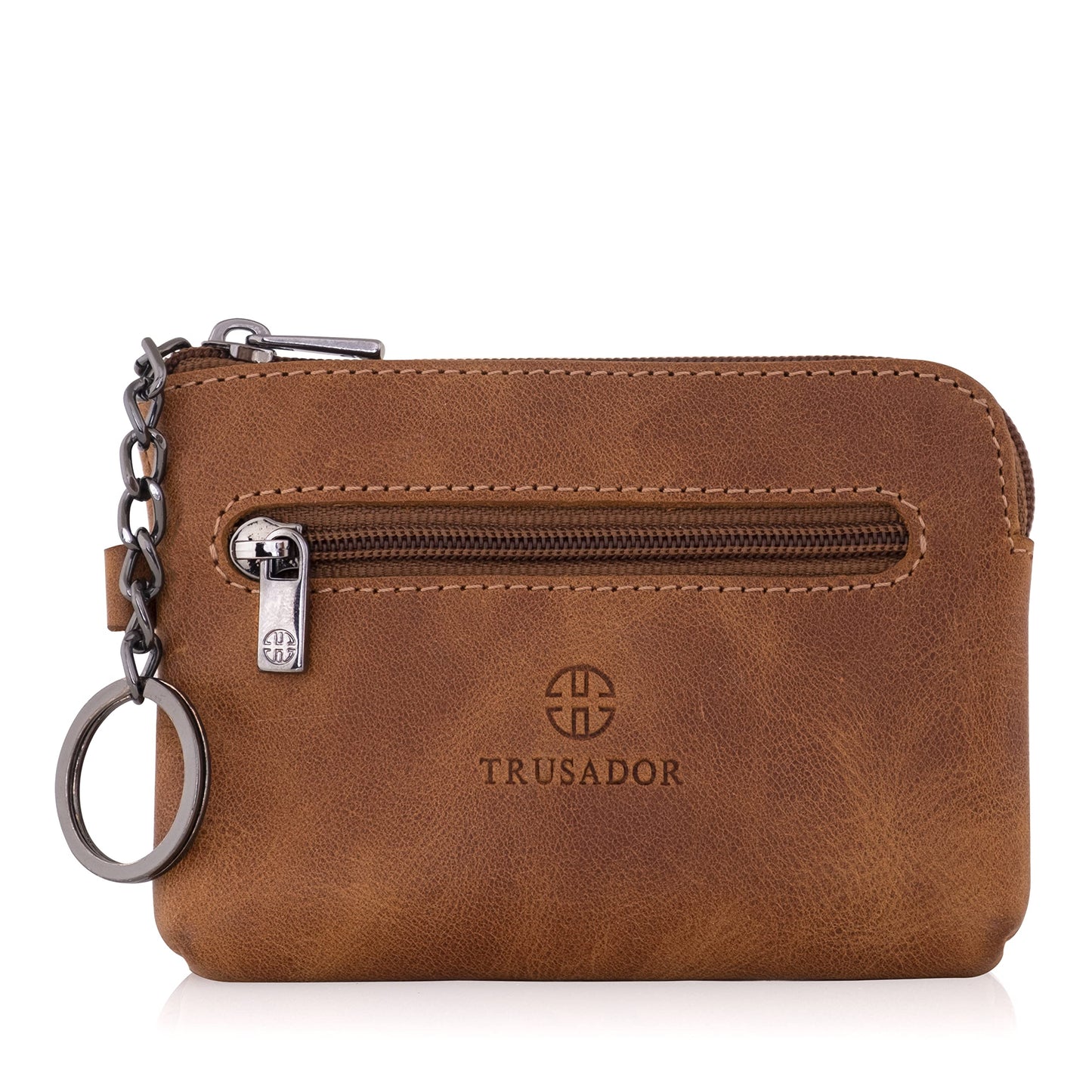 Trusador Milano Unisex Leather Front Pocket Wallet Coin Purse Zipper Pouch with Keychain (Cognac)