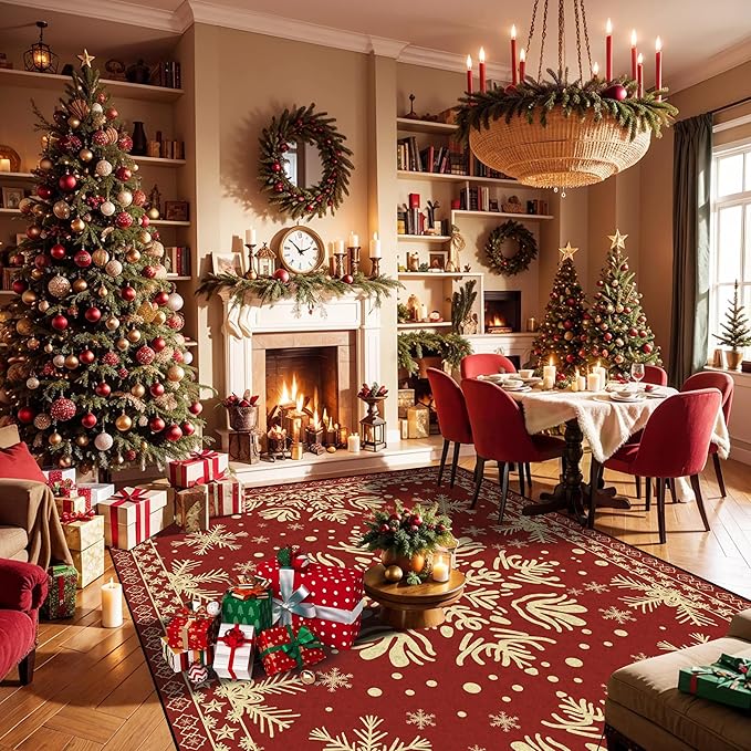 4' X 6' Christmas Rug Snowflake Area Rugs for Living Room Bedroom Indoor Entryway Laundry Nursery Dorm Xmas Carpet for Kids Girls Women Floor Mat Pad Doormat Vintage