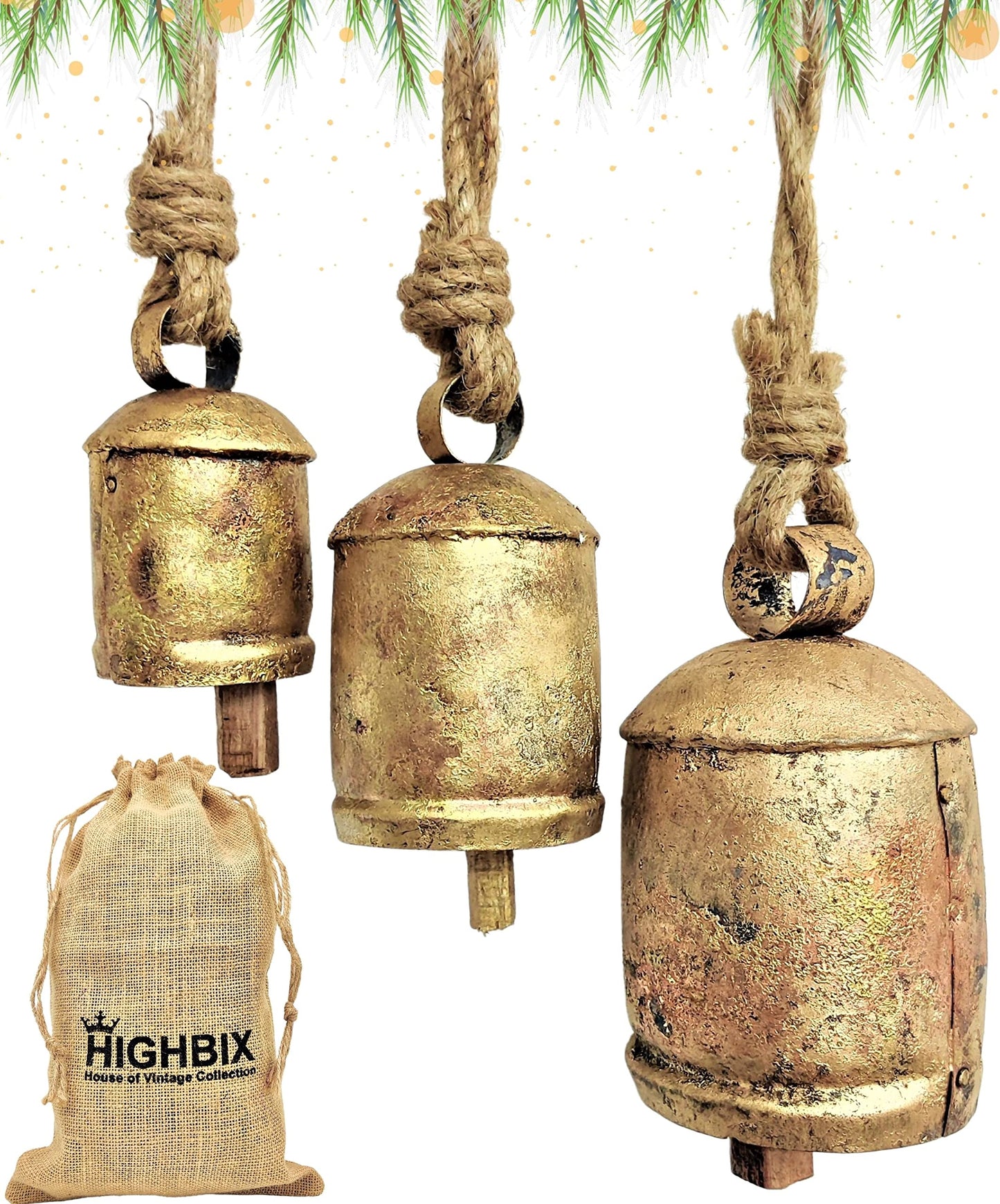 HIGHBIX Set of 3 Giant Harmony Cow Bells Huge Vintage Shabby Chic Handmade Rustic Lucky Christmas Hanging XL Bells On Rope Country Rustic (Small)