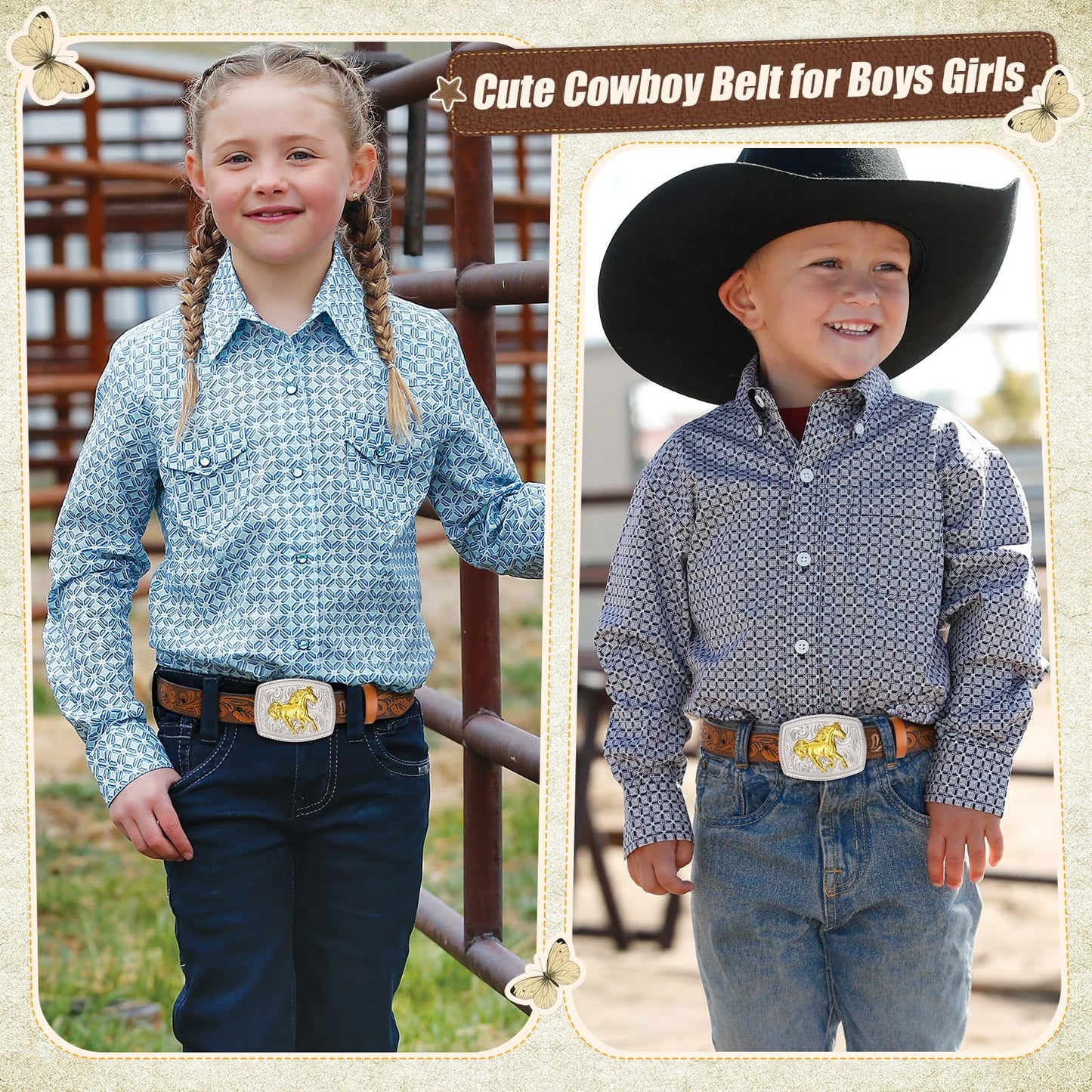 JKEEMI Kids Western Belt, Boys Girls Cowboy Belt for Kids with Detachable Square Buckle and Genuine Leather for Jeans Gifts