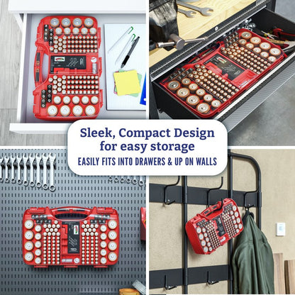 Battery Organizer Storage Case with Tester, Holds 180 Batteries, Clear Hinged Cover, Locking Lid - For AA, AAA, C, D and More, Red