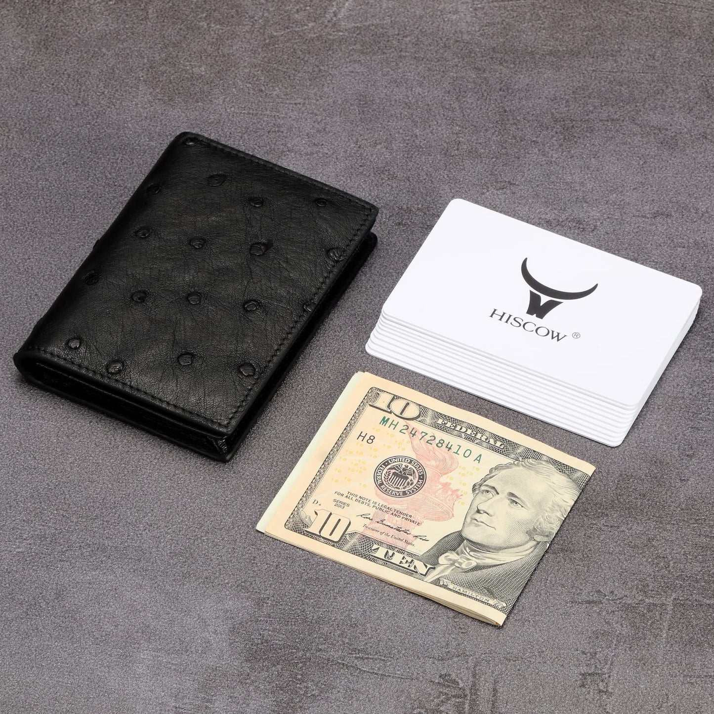 HISCOW Leather Business Card Case Holder for Men & Women, Italian Calfskin (Ostrich Black)