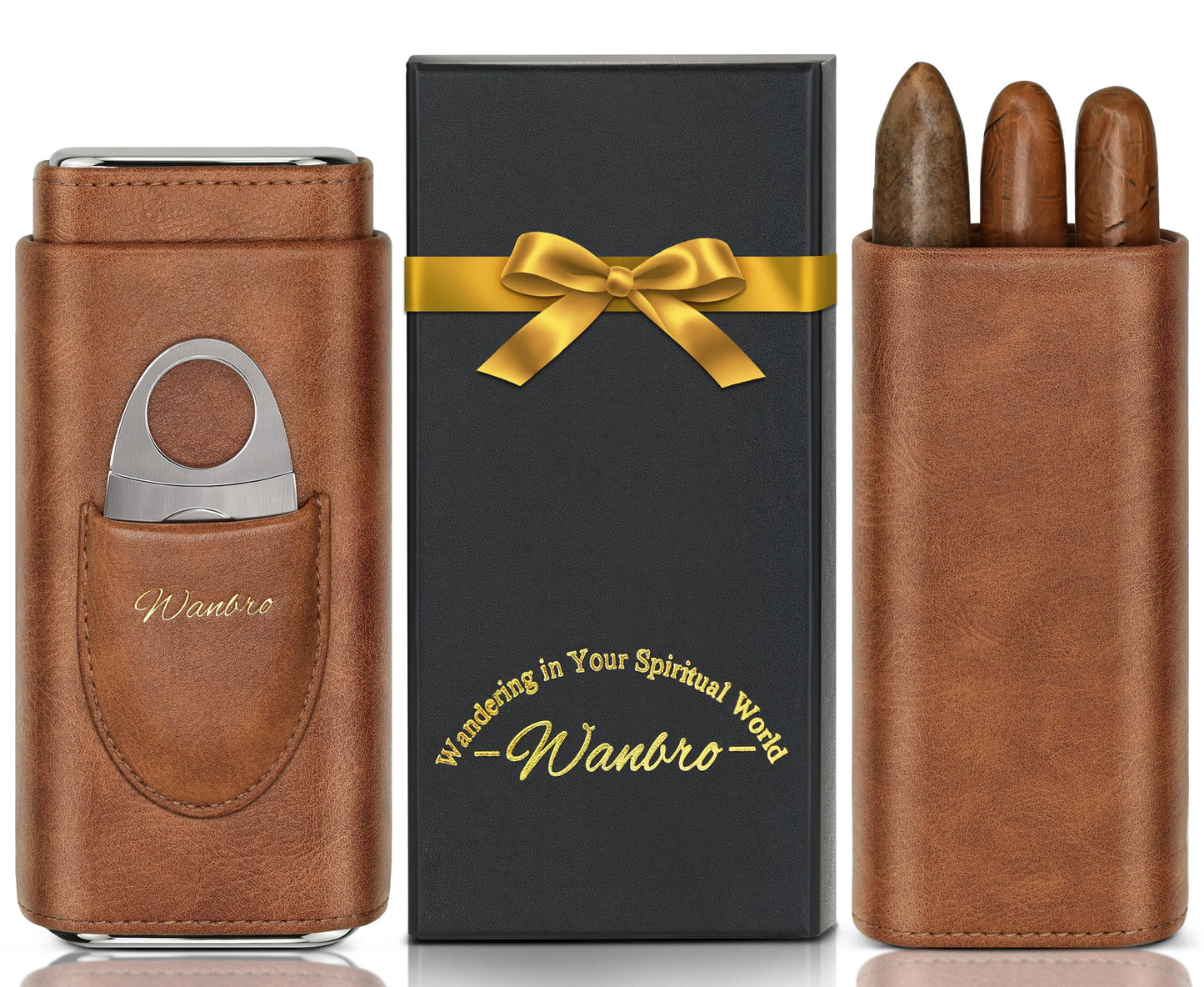 wanbro Cigar Case, 3pcs Holder, Cigars Travel Case, Cedar Lined, Leather Made Cigar Humidor with Stainless Cutter, Christmas gift for men dad