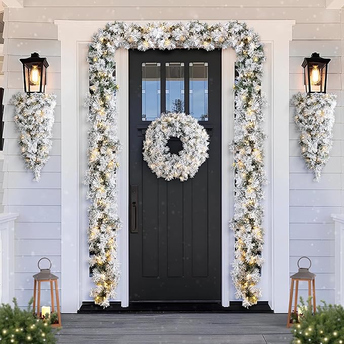 Glitzhome Pre-Lit Christmas Wreath with Lights for Front Door Wall Window Xmas Decor, Snow Flocked 24" D