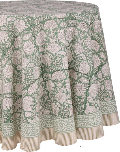 ATOSII Jade 100% Cotton Boho Round Tablecloth, Block Print Floral Table Cloth Linen for Dining, Parties, Weddings, Outdoors I Table Decor 72" Inches Diameter I