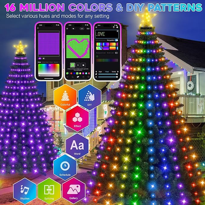 Smart Ring Christmas Tree Lights with Star Topper Indoor Outdoor - 7Ft x 20 Lines String 400 Optimum LED Easy App Control Images Color Changing Timer Remote Waterproof for 6 7 7.5 Ft Xmas Trees