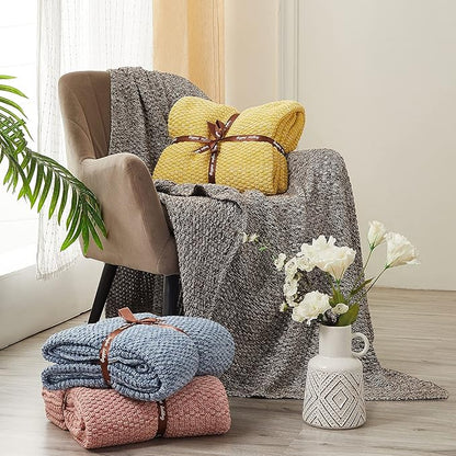 Longhui bedding Bright Yellow Knitted Throw Blanket for Couch, Soft, Cozy Machine Washable 100% Cotton Sofa Knit Blankets, Heavy 3.0lb Weight, 51 x 63 Inches, Yellow and White Color