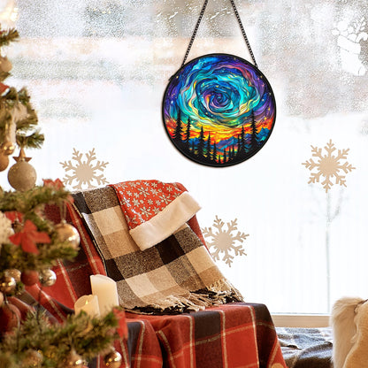 cvjutf Northern Lights Suncatcher Stained Glass Window Hanging Decor Ornaments, Nature Mountain Stained Glass Decor, Landscape Garden Lawn Sun Catchers Hanging Wall Art, Nature Lover Gifts,7.9x7.9In
