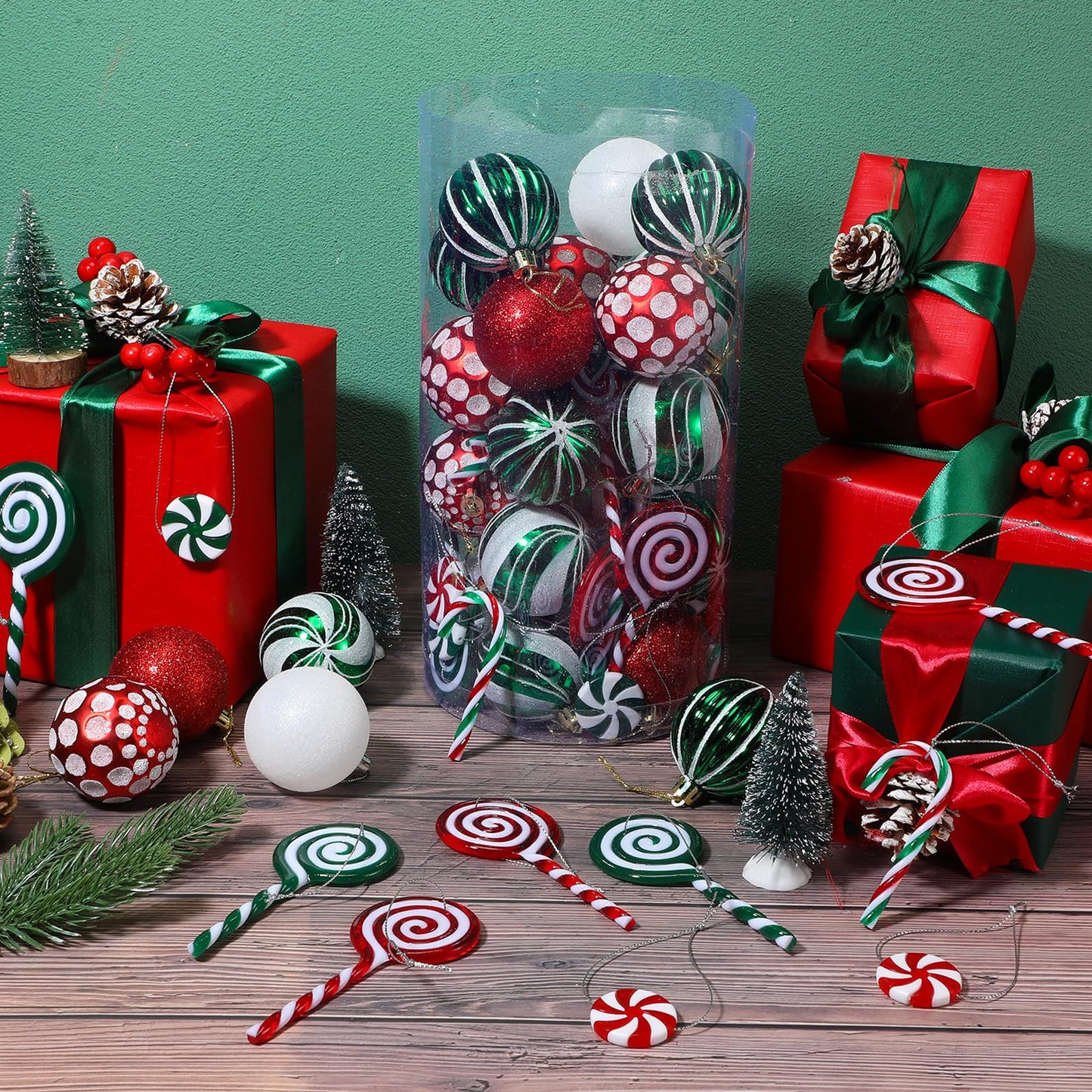 Liliful 66 Pcs Classic Red White Green Christmas Ball Ornaments Decor and Candy Canes Xmas Tree Decorations for Christmas Tree Hanging Decor Candy Lollipop Craft Xmas Party Supplies(Red Green White)