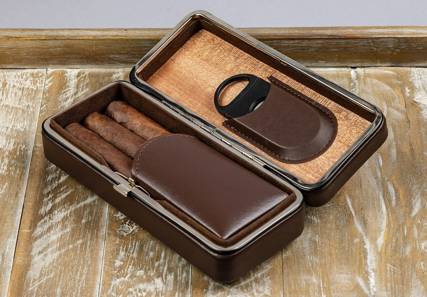 Prestige Import Group - 3 Cigar Folding with Snap Lock Cigar Travel Case - Color: Brown