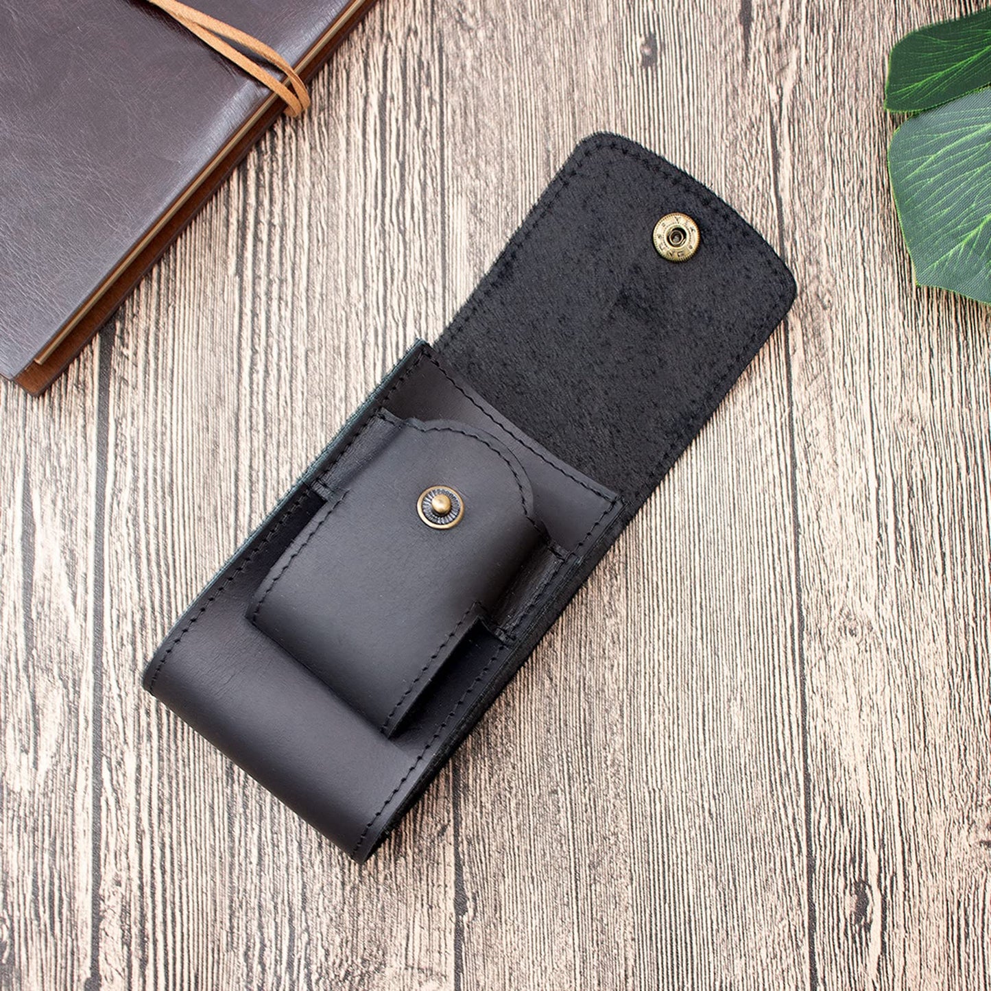 Boshiho Cowhide Leather Cigarette Case with Lighter Holder Tobacco Pouch Best Gift for Men Women (Black)