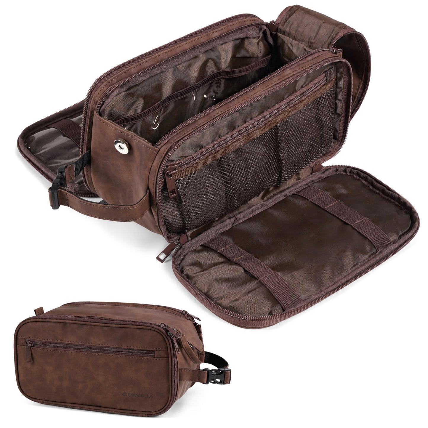 PAVILIA Toiletry Bag for Men, Hanging Travel Dopp Kit Organizer, PU Leather Water Resistant Bathroom Bag for Shaving Grooming, Large Capacity Cosmetic Bag Travel Essentials, Dark Brown