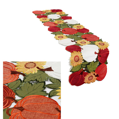OWENIE Thanksgiving Table Runner, Pumpkin Fall Table Runner, Fall Decor for Home with Harvest Sunflowers Pumpkins, Cutwork Applique Embroidered Centerpieces, 13 Inch x 54 Inch, Orange