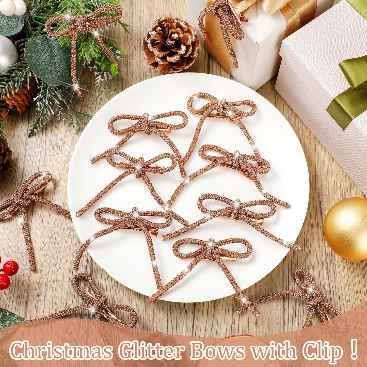 12 Pcs 3.2''x2.8'' Gold Glitter Christmas Bows Ornaments with Clip Metal Shiny Christmas Tree Decorations Bows for Wreath Garland Xmas Party Decorations Wedding Baby Shower Home Indoor Outdoor