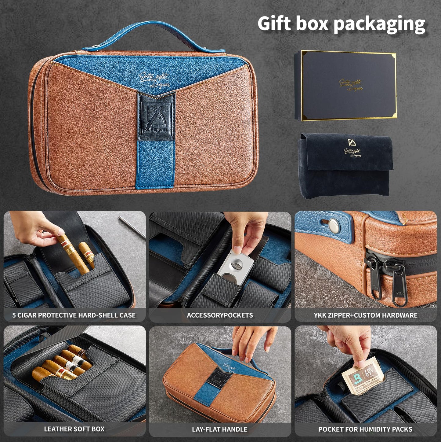 68 Degrees Travel Cigar Humidor, Handmade Leather Case with 3 Pockets, Portable Cigar Holder Fits 5 Cigars, Brown