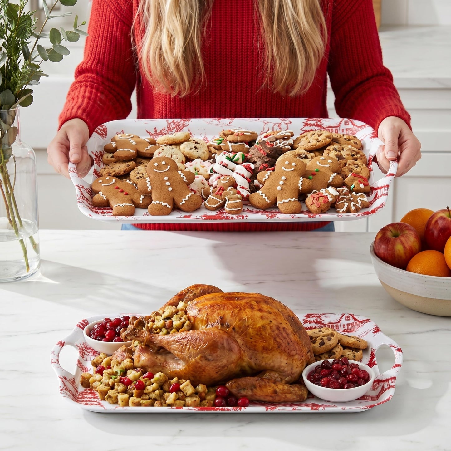 ONEderful 2-Pack Christmas Serving Trays – 18x13 Inches Winter Wonderland Handled Platters, Large Holiday Trays for Christmas Parties, Buffets & Family Gatherings (Christmas Color Scheme)