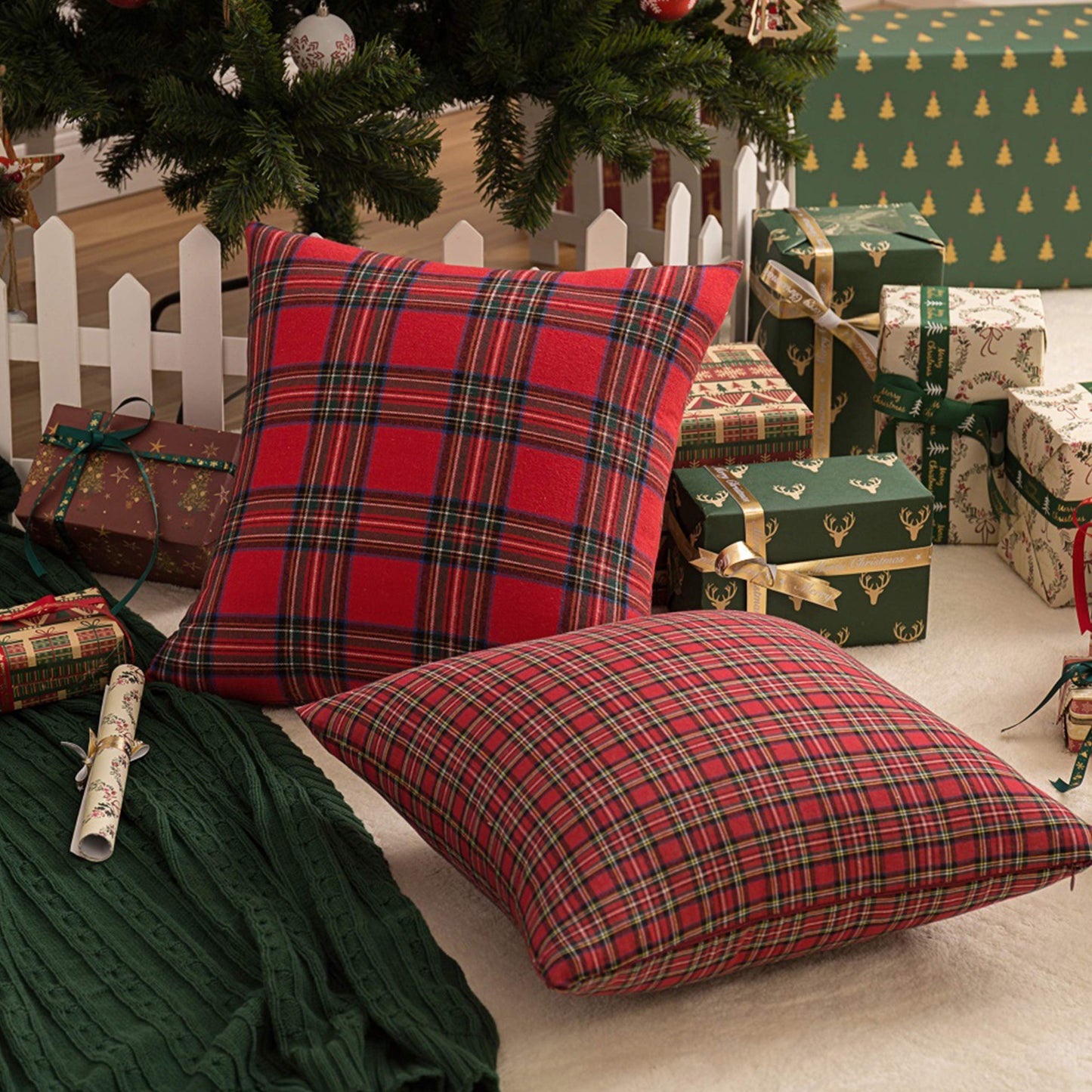 AQOTHES Pack of 2 Christmas Plaid Decorative Throw Pillow Covers Scottish Tartan Cushion Case for Farmhouse Home Holiday Decor Red and Green, 20 x 20 Inches