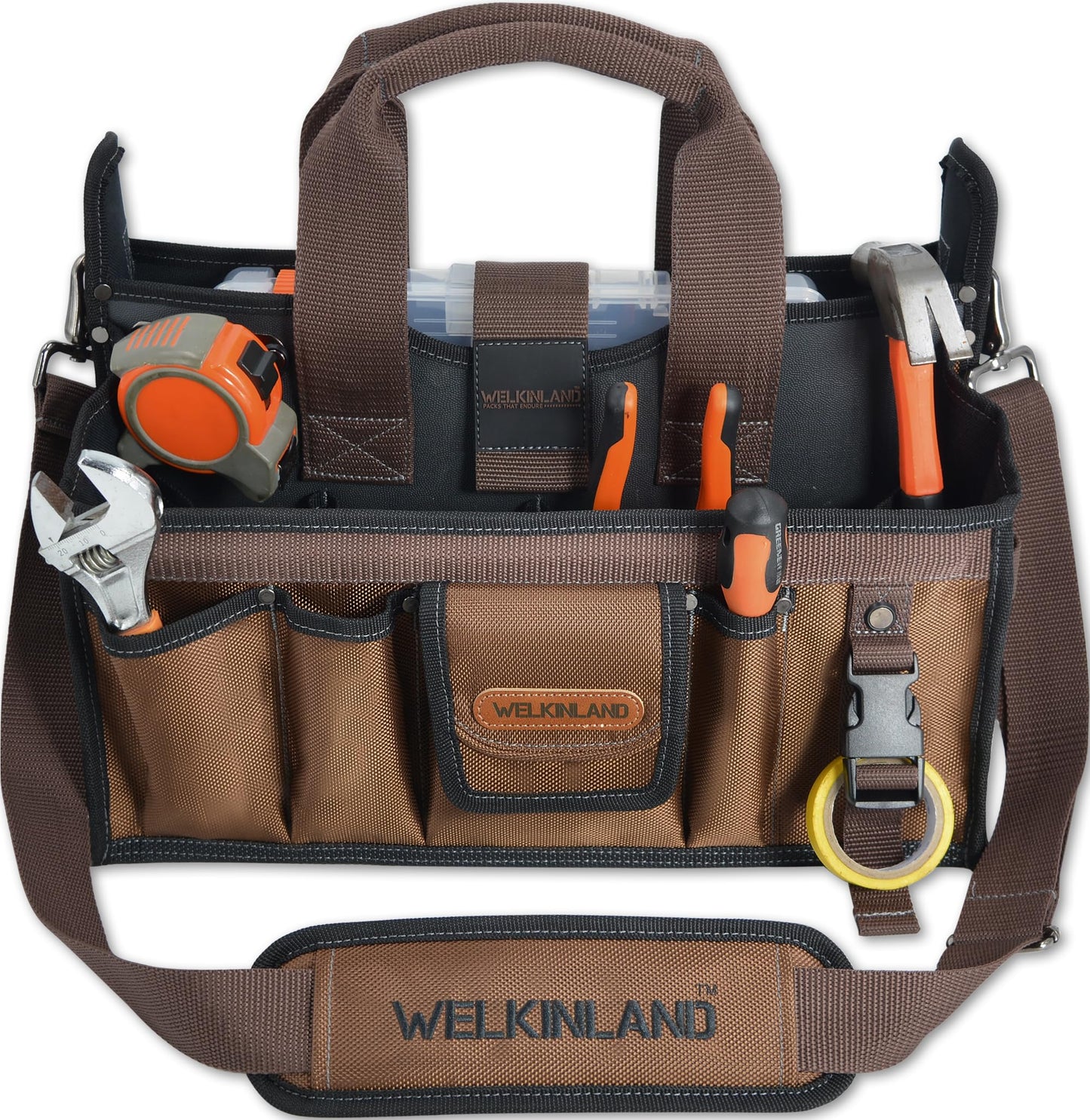 WELKINLAND 20-Pockets Tool Tote Bag, 16" Electrician Tool Bag, Open-Top Tool Bag, Stay-Up HVAC Tools Bag, Brown Tech Tools Bags, HVAC Bag, Tool Tote Bag With Handle