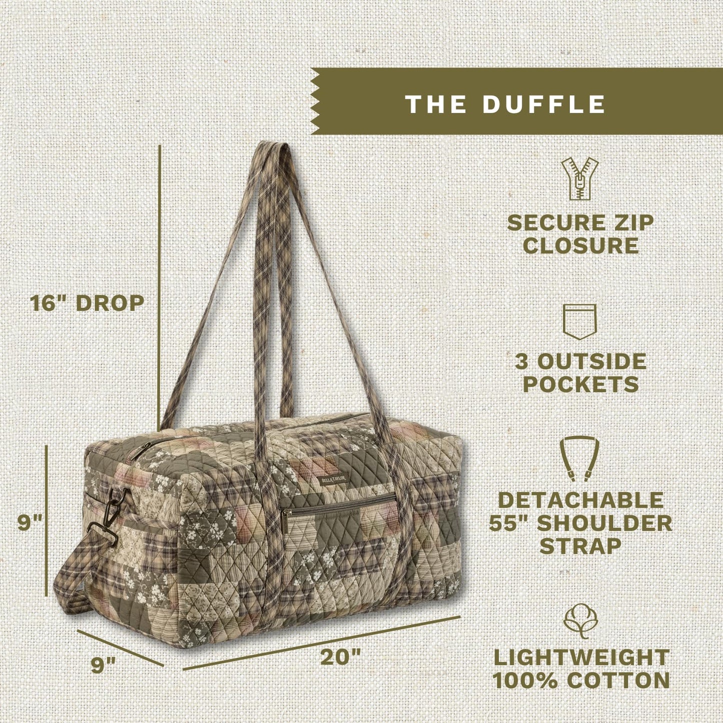 Bella Taylor Quilted Cotton Duffel Bag |Large Carry On Travel and Weekender Bag For Women| Woodland Patch