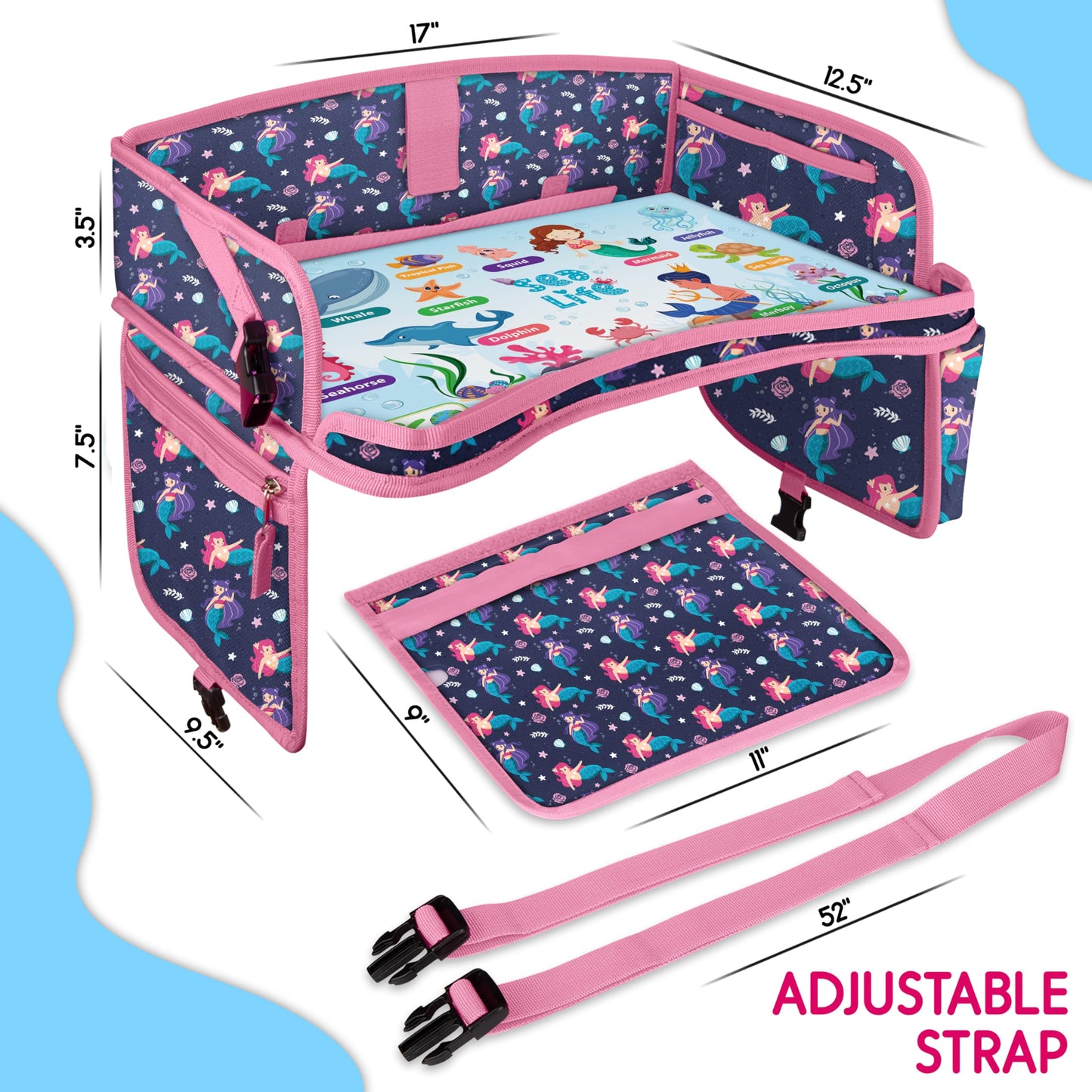 ECOFANTASY Kids Travel Tray - Waterproof Lap Table with No-Drop Large Tablet Holder - Car Seat Tray - Road Trip Essentials Kids - Car Desk Organizer for Airplane - Toddler Travel Essentials(MERMAID)