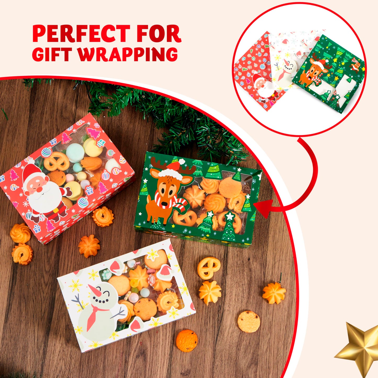 JOYIN 24 PCS Christmas Foil Treats Cookie Gift Boxes (8.75" x 5.75" x 2.75") Colorful Pattern Bakery Box with Window for Xmas Holiday Birthday Party Pastries, Cupcakes, Brownies, Donuts Gift-Giving