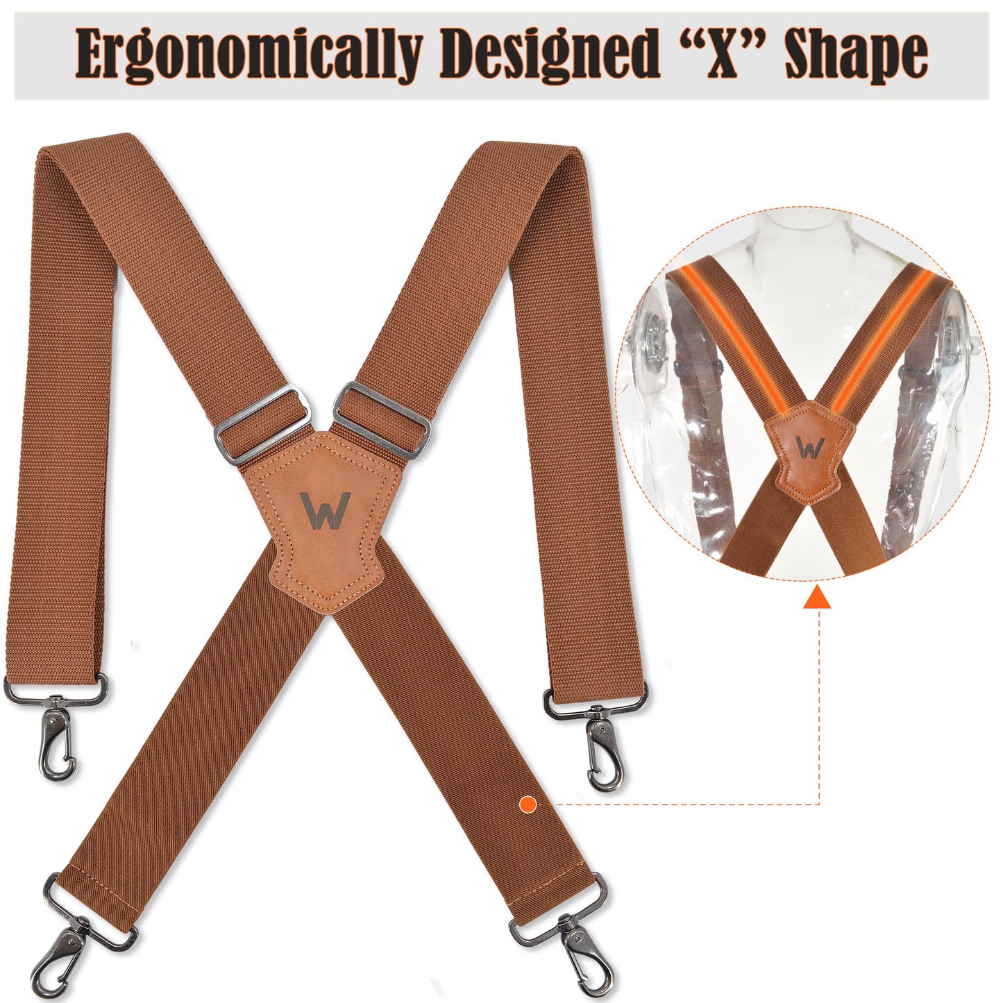 WELKINLAND Brown 2 inch wide suspenders, Heavy duty work suspenders for men, Swivel hook suspender, Thick suspender with belt loops