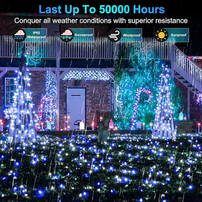 300LED Christmas Lights Indoor Outdoor Use Green Wire, 8 Lighting Modes 100FT Christmas Tree Lights with Timer & Memory, IP44 Waterproof for Tree Xmas Patio Yard Fence Balcony Garden Blue & Cool White