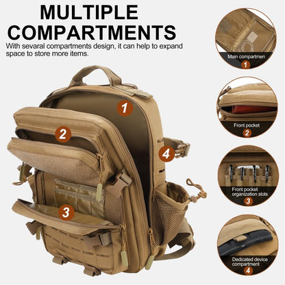 LHI Tactical Military Backpack for Men 25L Small Molle Army Assault Pack 3 Day Hiking Rucksack With Bottle Holder