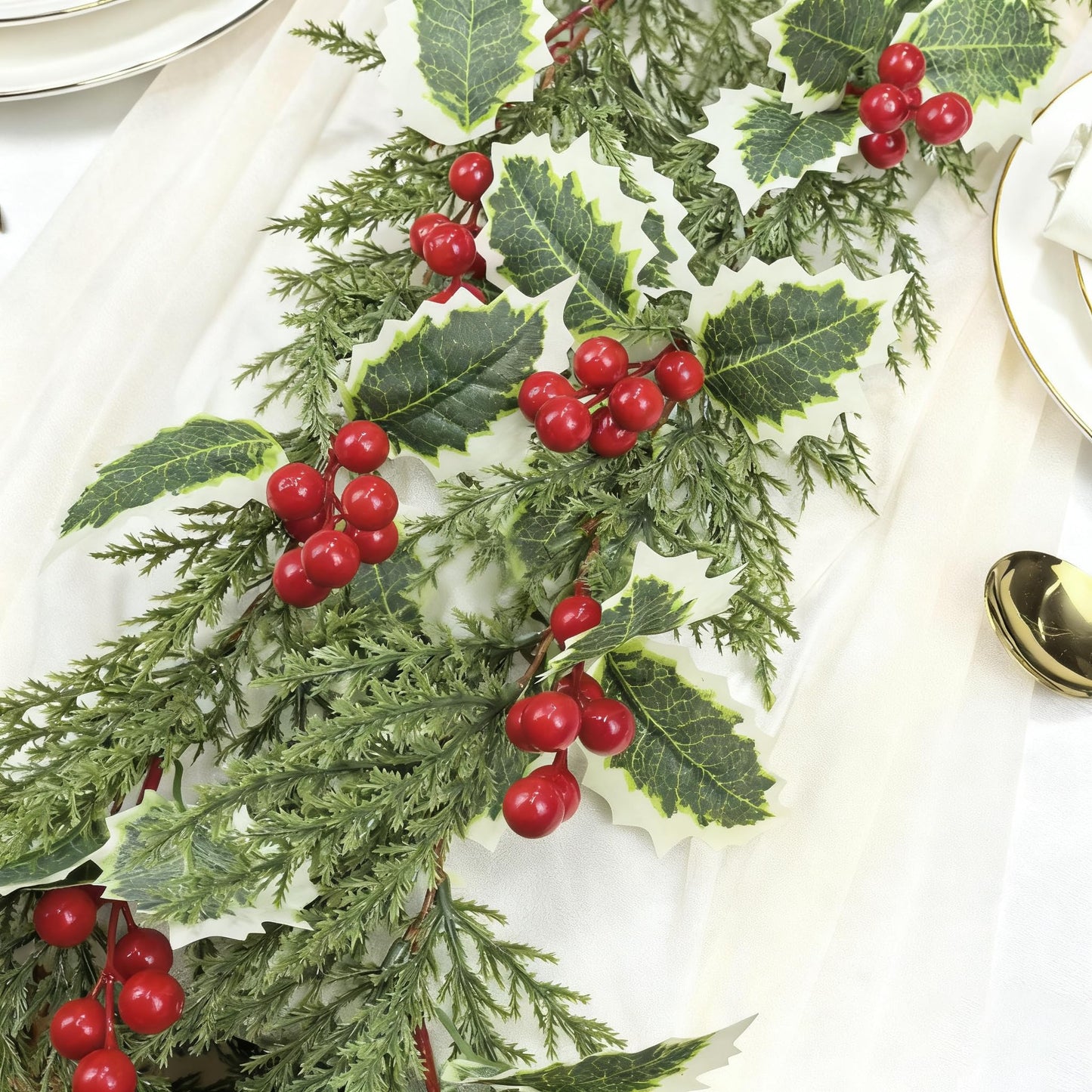 2Pcs 5.7Ft Artificial Christmas Garlands, Red Berry Greenery Leaves Xmas Garland for Mantel Fireplace Holiday Winter Xmas Decor