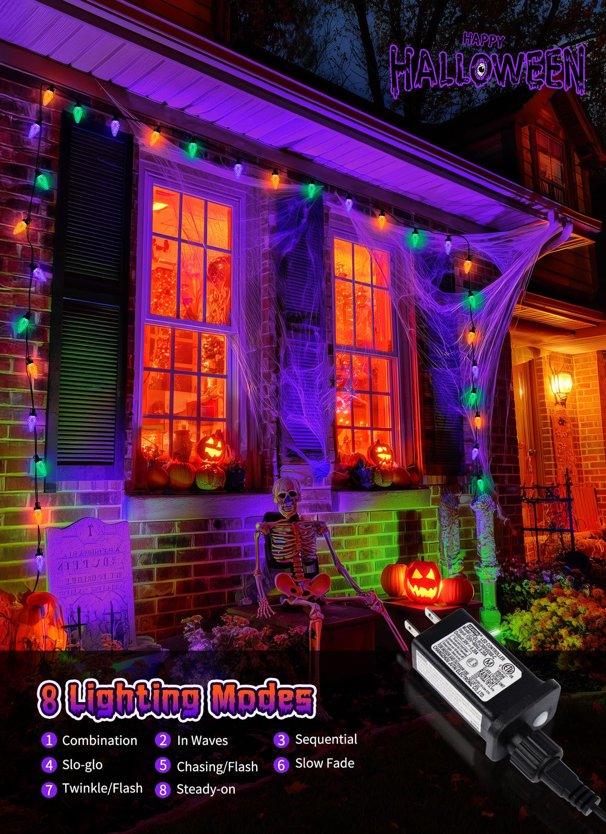 Brightown Halloween C9 LED String Lights, 114FT 150 LED Orange Purple and Green Halloween Lights with Timer & 8 Modes, Plug-in Waterproof Outdoor Lighting for House Patio Yard Porch Roof