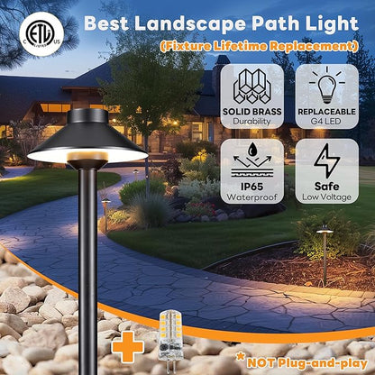 Gardenreet Brass Hardwired Landscape Path Light, 12V Low Voltage Pathway Lights IP65 Waterproof, Outdoor Walkway Lighting Wired, Hat-top Black for Patio Lawn with 4000K Neutral White G4 Bulb (6 Pack)