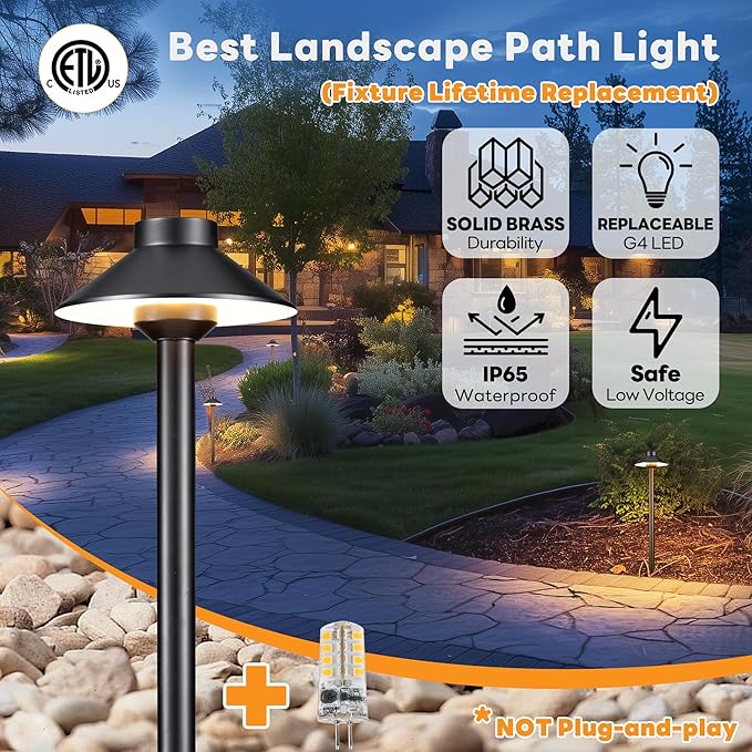 Gardenreet Brass Low Voltage Path Light, 12V Landscaping Pathway Lights IP65 Waterproof, Wired Walkway Lighting Outdoor, LED Black for Outside Backyard with 4000K Neutral White G4 Bulb (4 Pack)