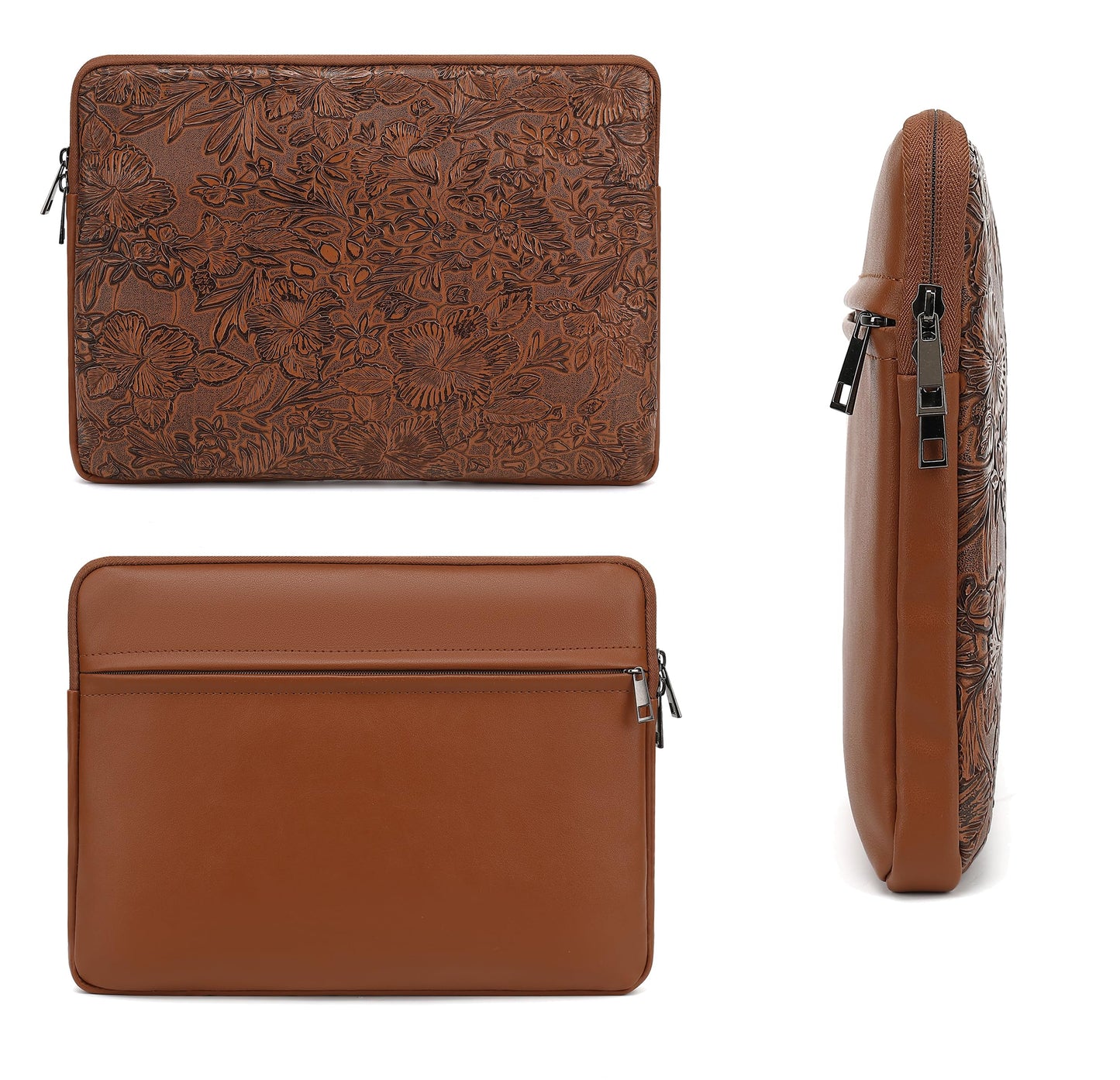 Canvaslove Embossing Floral Pattern PU Leather Laptop Sleeve Case with Pocket for MacBook Air 15 inch and 15 inch-15.6 inch HP, Lenovo, Dell, ASUS, Acer Notebook Computer (Coffee)