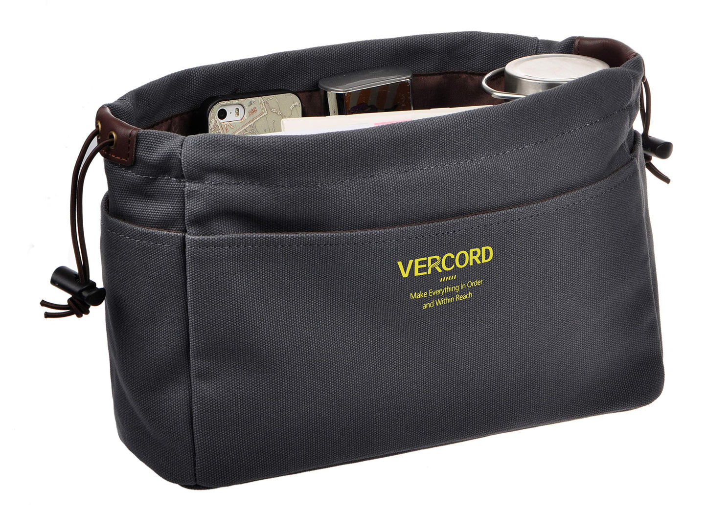 Vercord Canvas Handbag Organizers, Sturdy Purse Insert Organizer Bag in Bag, 10 Pockets Grey Large