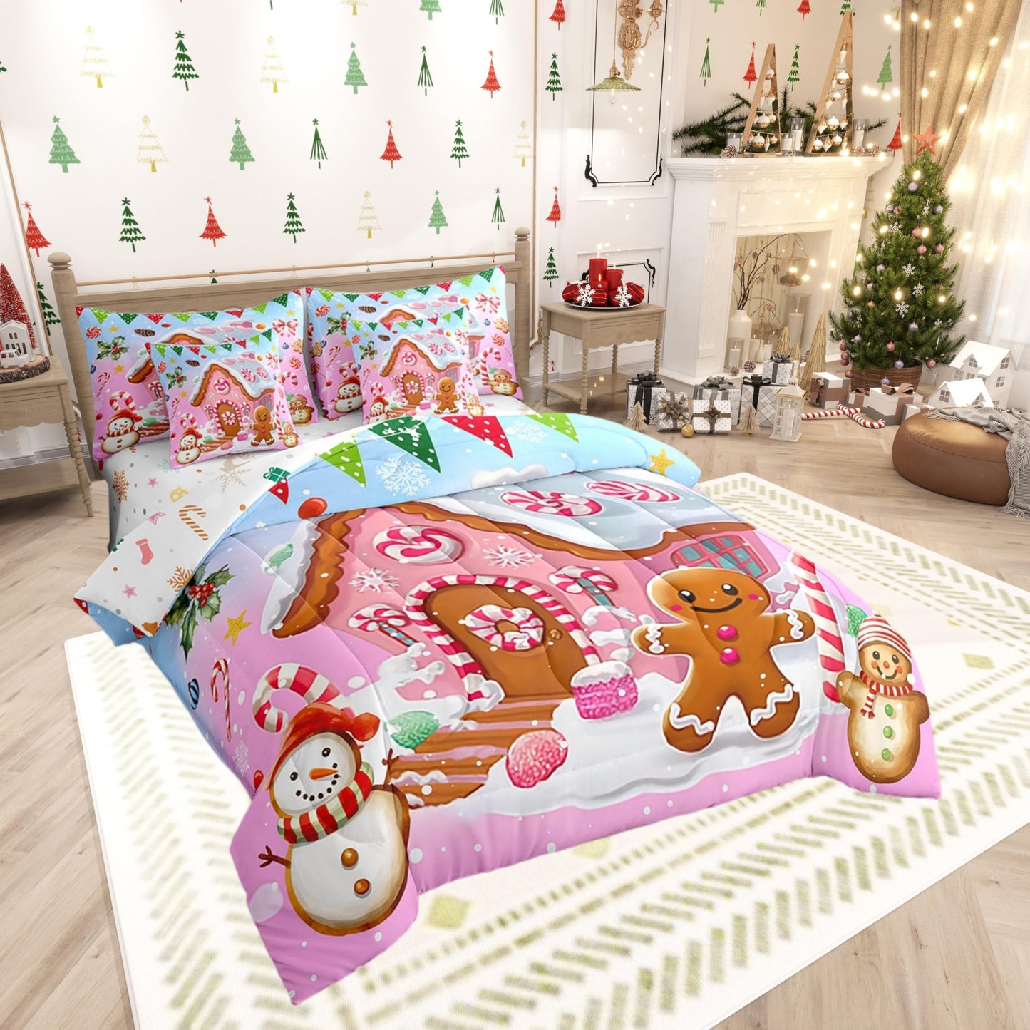 Xmas Gingerbread Man Twin Comforter Set with Sheets Bed in a Bag 7 Pcs,Winter Candy House Watercolor Bed Set,Snowman Winter Bedding Sets with Comforter,Flat,Fitted Sheet,Pillowcases,Pillow Covers