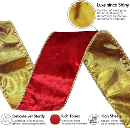 MEEDEE Red Velvet Wired Ribbon 2.5 Inch 10 Yards Double Sided Gold & Red for Christmas Tree, Wreath & Crafts