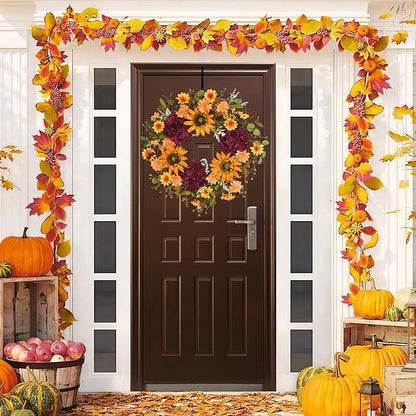 Sunflower Wreaths for Front Door, 24'' Autumn Wreath with Sunflower Hydrangeas & Leaves for Porch Window, Halloween Thanksgiving Wreaths for Home Decor